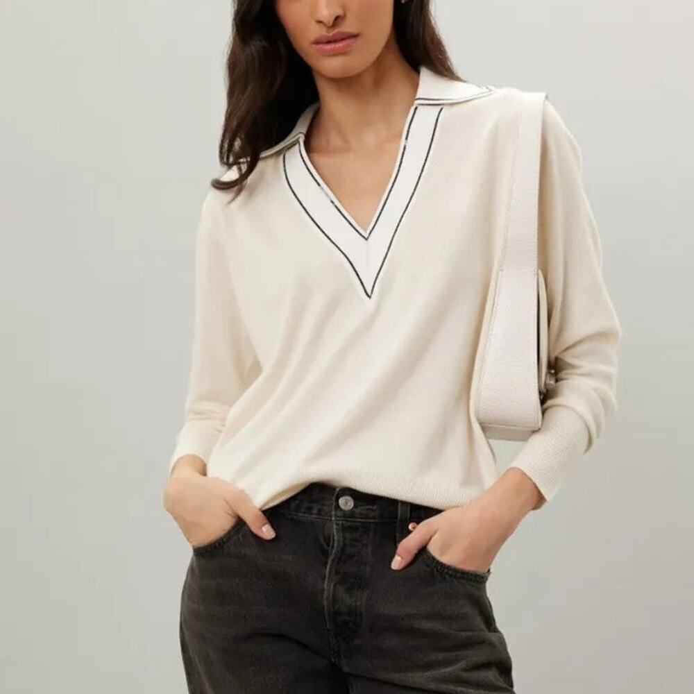 Sandro Alizia Polo Sweater Knit Wool Blend Collared Top Off White 1 Small